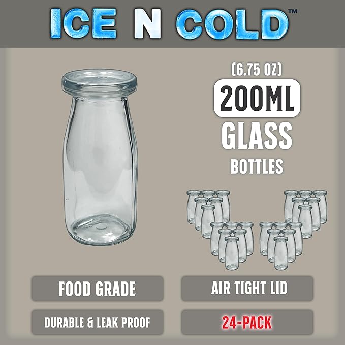 6.76 oz / 200ml Vintage Glass Bottle with Leakproof Clear Lid, Reusable & Eco-Friendly – Ideal for Milk, Juices, Smoothies, Infused Water, BPA-Free Glass Bottle (24-Pack)