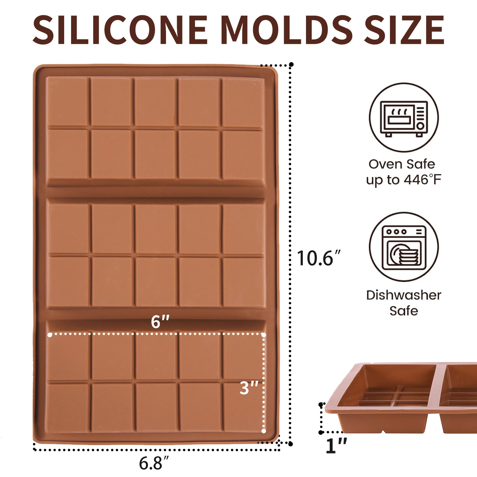 Cunacio 1 Inch Deep Chocolate Bar Mold, 3 Cavity Large Dubai Chocolate Molds, Thick Candy Bar Mould for Filling（3 Packs）