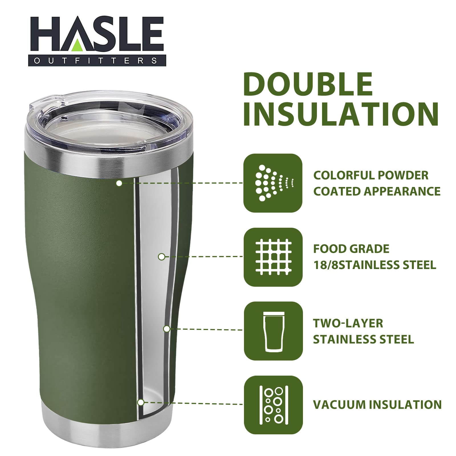 HASLE OUTFITTERS 20 oz Tumbler Bulk, Stainless Steel Tumblers with Lid, Vacuum Insulated Tumbler, Double Wall Powder Coated Cup, coffee mugs, Army Green, 1 Pack