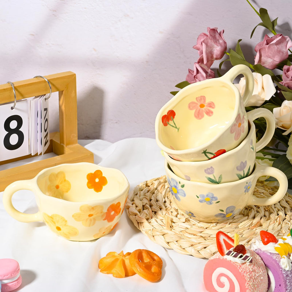 MAKCNMYM Ceramic Coffee Mug Vintage Flower Mugs 8 oz Cute Floral Coffee Mugs Irregular Latte Art Cup Lead-free Porcelain Cups for Cappuccino, Cocoa (4 Pack)