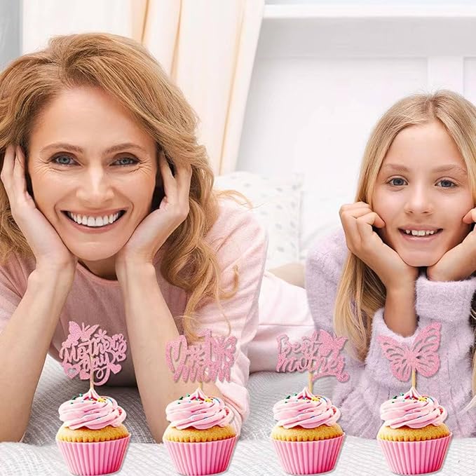 12Pcs Birthday Cupcake Toppers,Pink Glitter Cake Toppers Butterfly Cupcake Picks for Coquette Theme Party Decoration Engagement Wedding Baby Shower Party Cupcake Decor