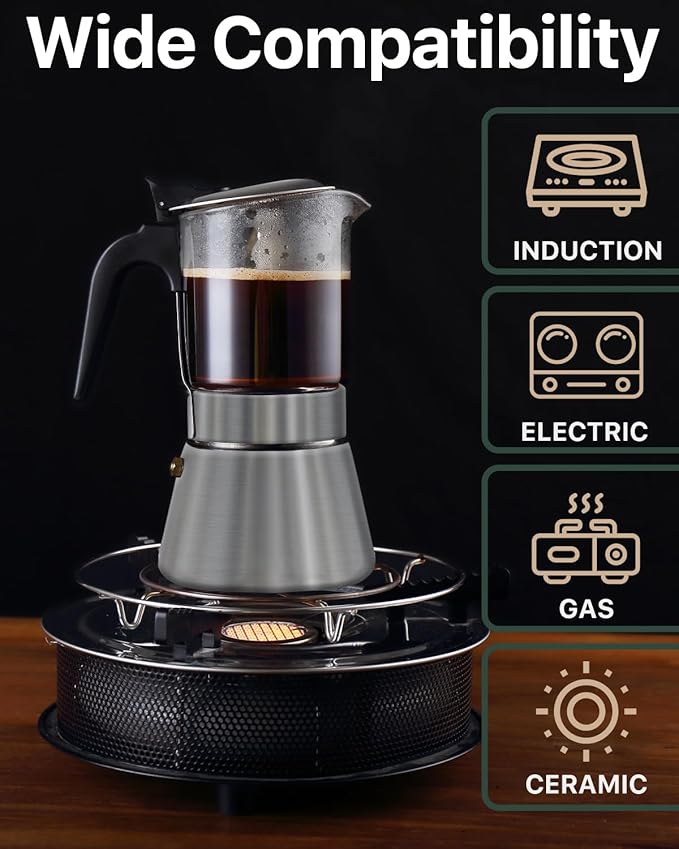 Grasseed Stainless Steel Moka Pot, Crystal Glass-top Coffee Maker Mocha Pot, Italian Stovetop Espresso Maker for Coffee - 9 Cup/360ml