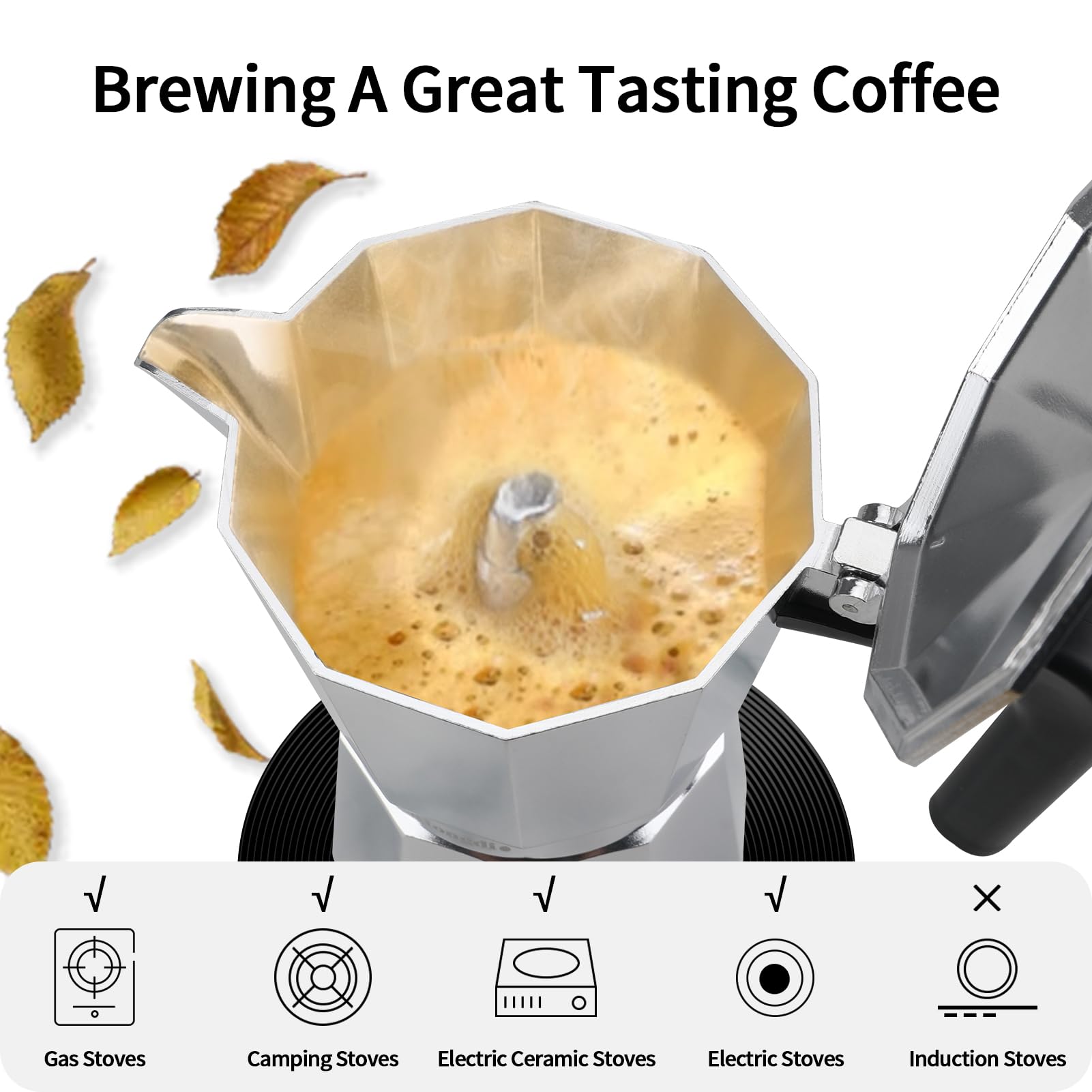 Mongdio Stovetop Espresso Maker Moka Pot, Stove Top Cuban Coffee Maker, Italian Greca Mocha Pot, 6 Espresso Cups, 10 oz - Silver