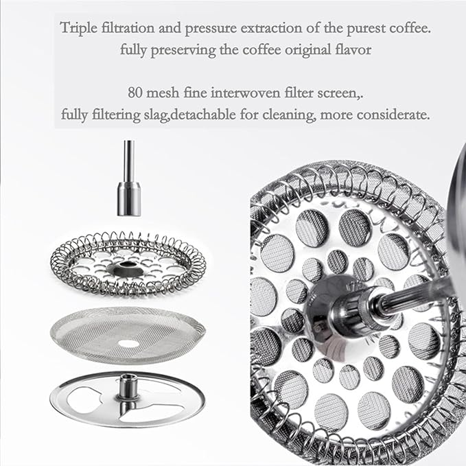 French Press Coffee Maker 3-Level Filtration Double-Walled 6MM Vacuum Insulated Keep Hot 2 Hours for Travel 32oz Polished Stainless Steel