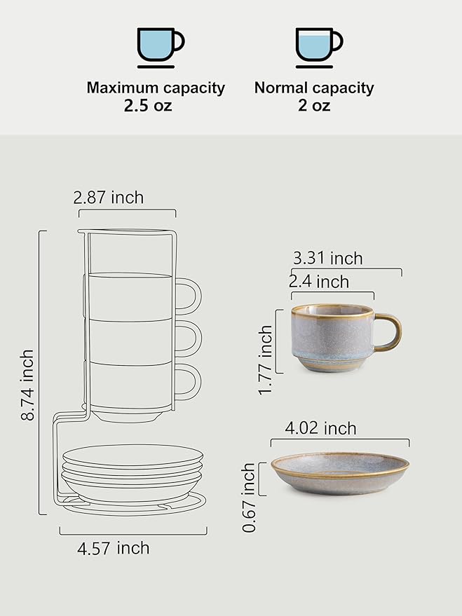 Gomakren 2.5 Ounce Espresso Cups Set of 4, Small Stackable Coffee Cups with Saucers and Metal Stand, Porcelain Demitasse Cups for Specialty Coffee Drinks, Espresso, Cappuccino, Latte, Tea, Gray
