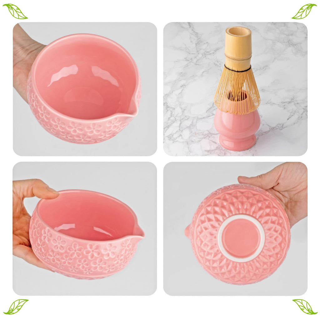 Marce Matcha Whisk Set- Matcha Set includes Matcha Whisk and Bowl with Spout, Sifter, Holder and Scoop- The Perfect Bamboo Whisk for Matcha Tea (Pink Flowers)