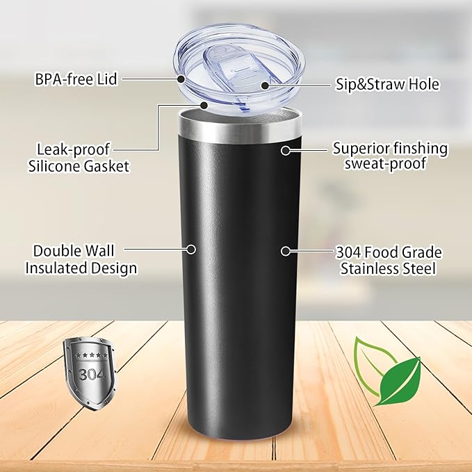 20 oz Skinny Tumblers with Lid and Straw,Stainless Steel Vacuum Insulated Tumbler Cup Double Wall Travel Coffee Mug, Thermal Water Tumbler for Hot and Cold Drinks(Black,8)