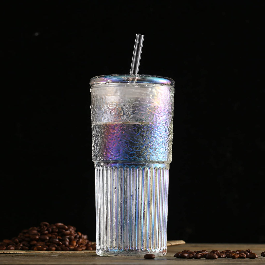 QWEZXO Colorful High Borosilicate Glass Cups With Lids and Glass Straws，20 OZ Rainbow Iced Coffee Water Tumbler Smoothie
