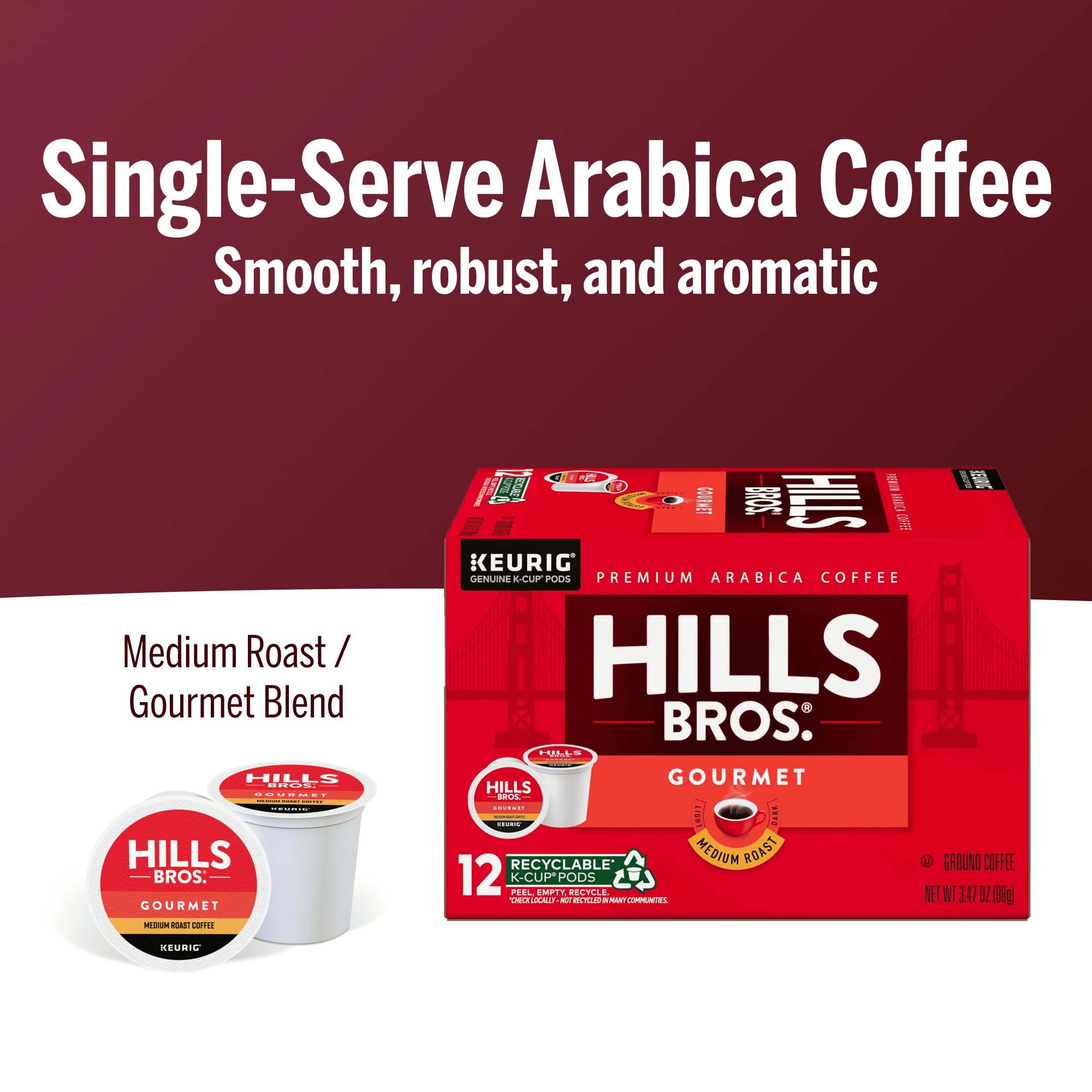 Hills Bros. Gourmet Blend Keurig K-Cup Pods for Keurig Brewers – Medium Roast Premium Arabica Blend, Kosher – 1 Pack of 12 Single Serve Pods