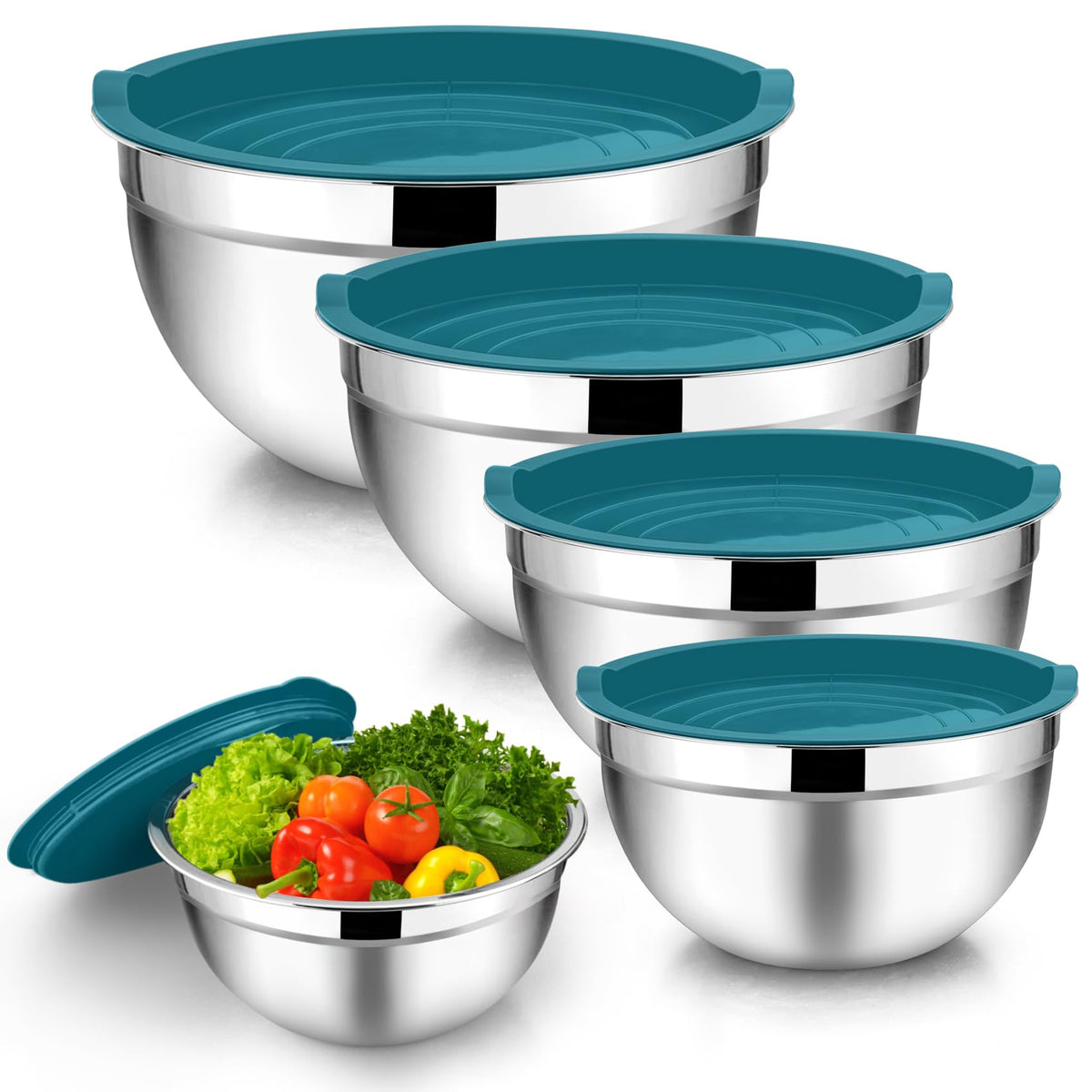 TeamFar Mixing Bowls Set of 5, Stainless Steel Metal Salad Bowls with Lids
