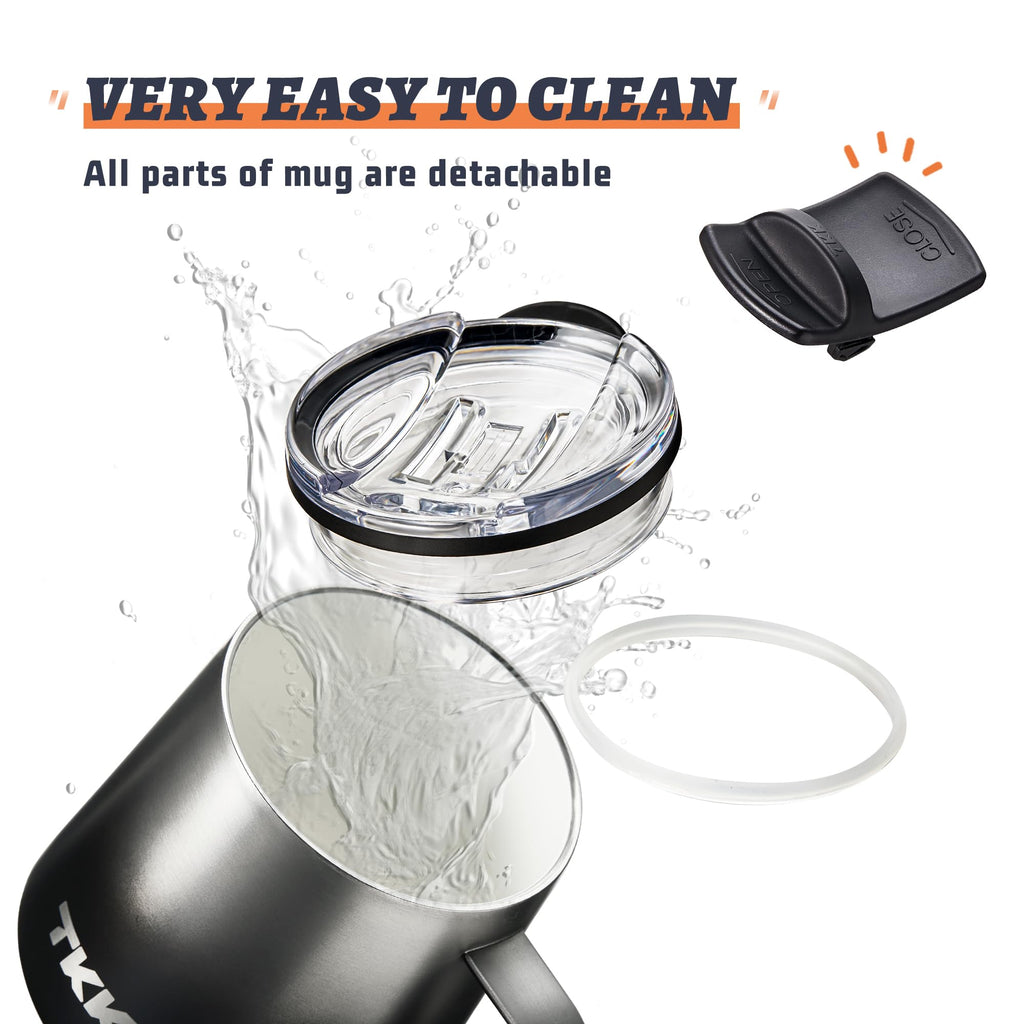 TKK 12 oz Insulated Coffee Mug with Handle Ceramic Coating Detachable Slider Lid Stainless Steel Tumbler Double Wall Vacuum Travel Cup