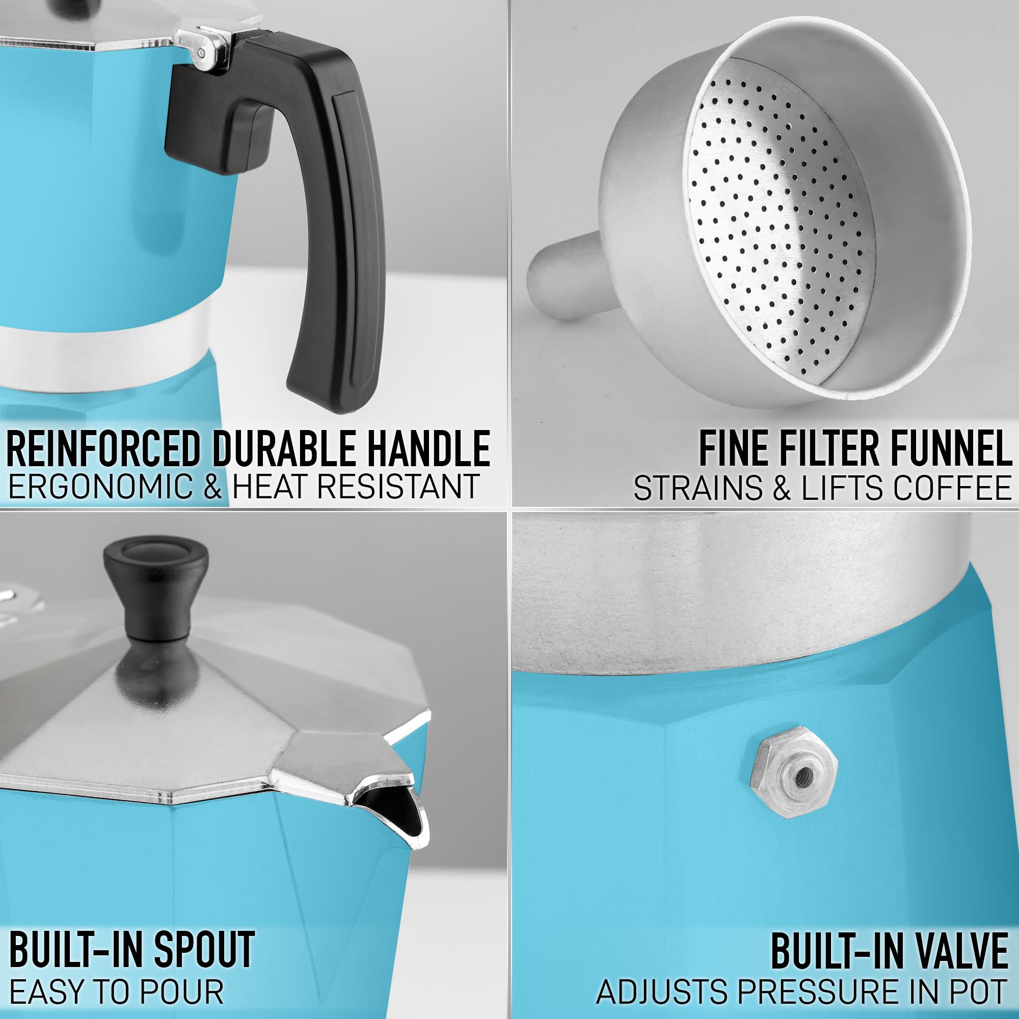 Zulay Premium Moka Pot Espresso - Leak-Proof Stovetop Espresso Maker - Perfect for Authentic Cuban & Italian Style Espresso - Makes 6 Espresso Cups - Light Blue