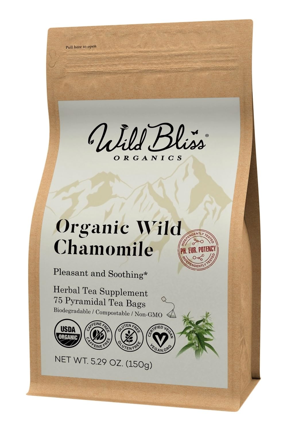 Wild Bliss Organic Chamomile Tea - Caffeine Free Calming Herbal Support - Pharmacopoeia Potency - 20 Plant Based Tea Bags