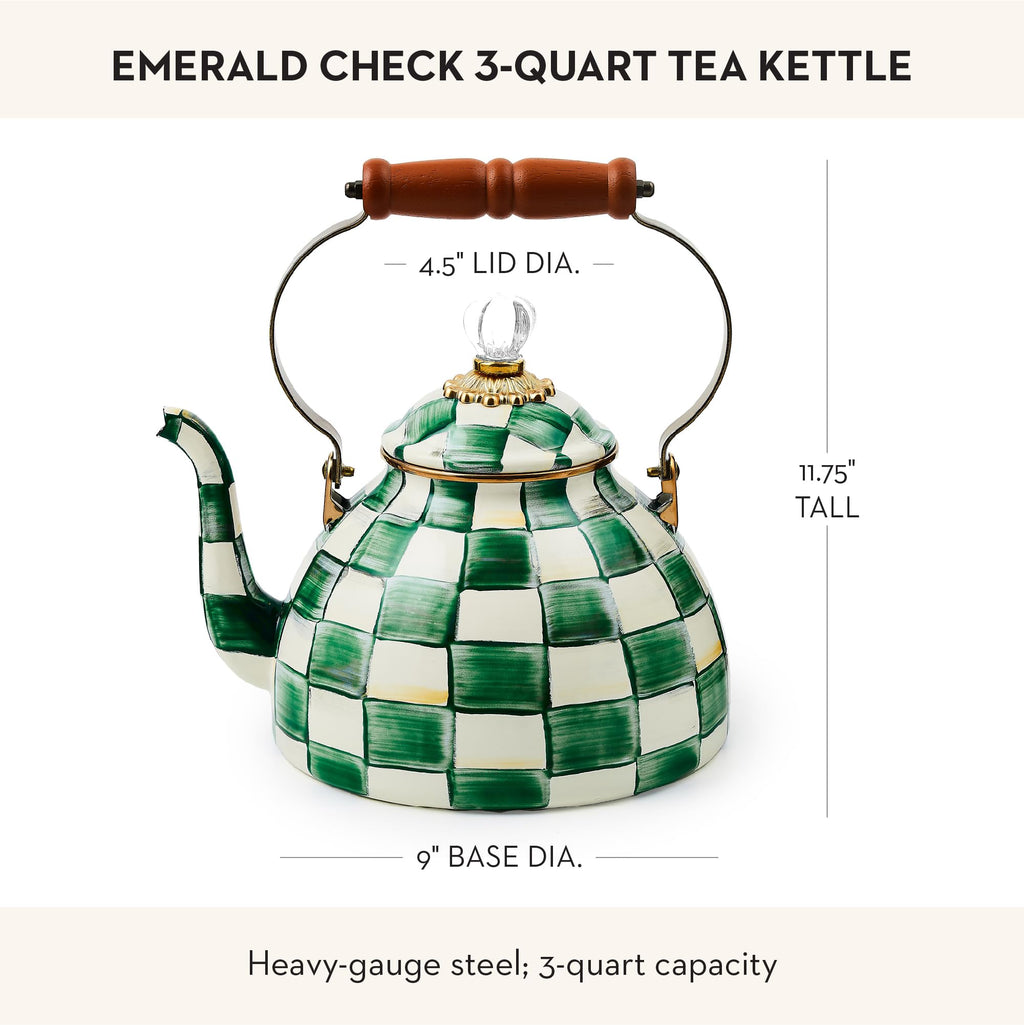 MACKENZIE-CHILDS Tea Kettle, 3 Quarts, Green-and-White Emerald Check