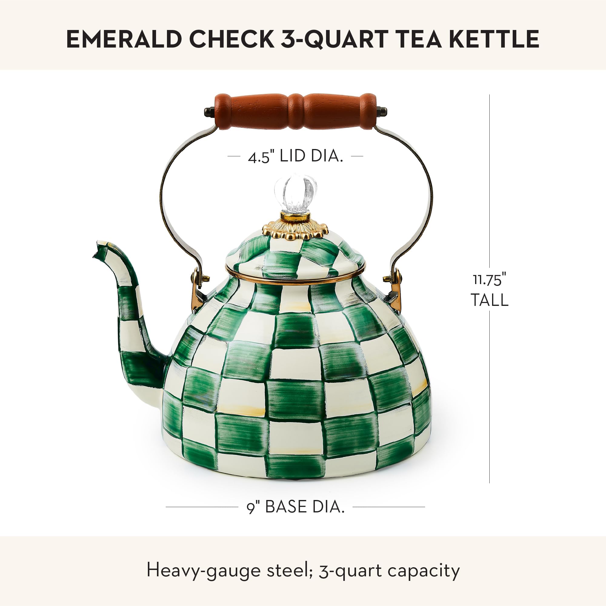 MACKENZIE-CHILDS Tea Kettle, 3 Quarts, Green-and-White Emerald Check