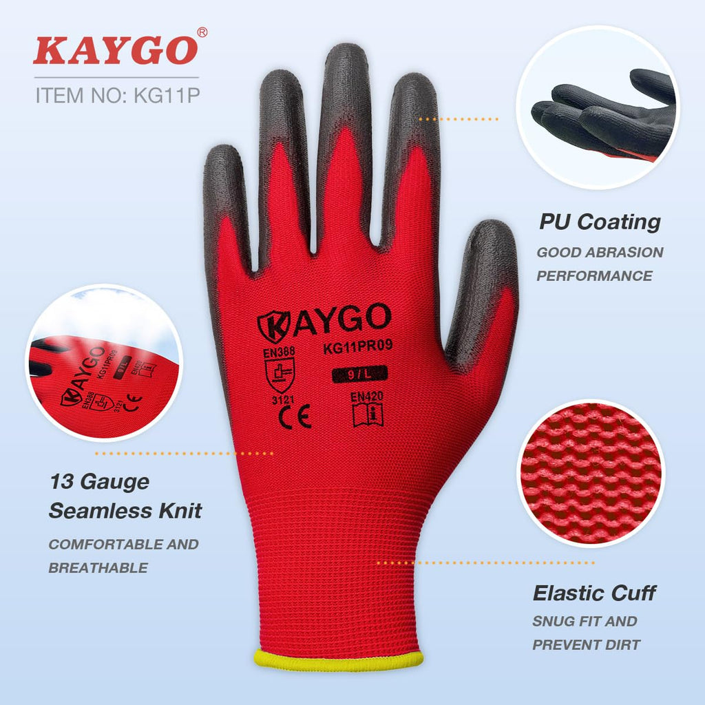 KAYGO Safety Work Gloves for Men Women, PU Coated Palm & Fingers, KG11P