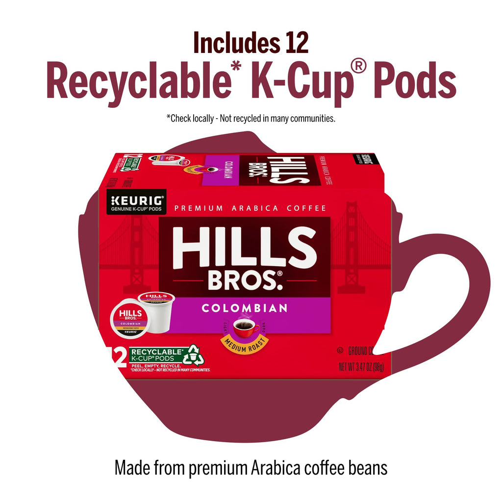 Hills Bros. Colombian Blend Keurig K-Cup Pods for Keurig Brewers – Medium Roast Premium Arabica Blend, Kosher – 1 Pack of 12 Single Serve Pods