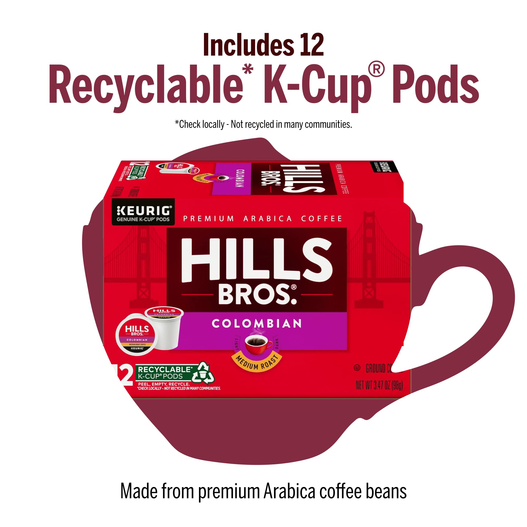Hills Bros. Colombian Blend Keurig K-Cup Pods for Keurig Brewers – Medium Roast Premium Arabica Blend, Kosher – 1 Pack of 12 Single Serve Pods