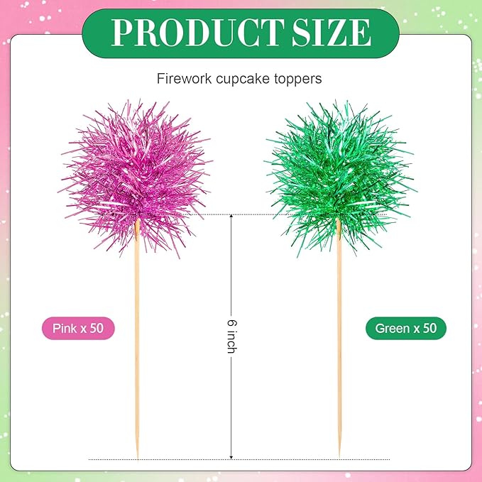 Chinco 100 Pcs Foil Firework Cupcake Toppers Sparkle Tinsel Cake Toppers Cake Decoration Cocktail Fruit Toothpick for Birthday Wedding Graduation Party(Pink, Gold)