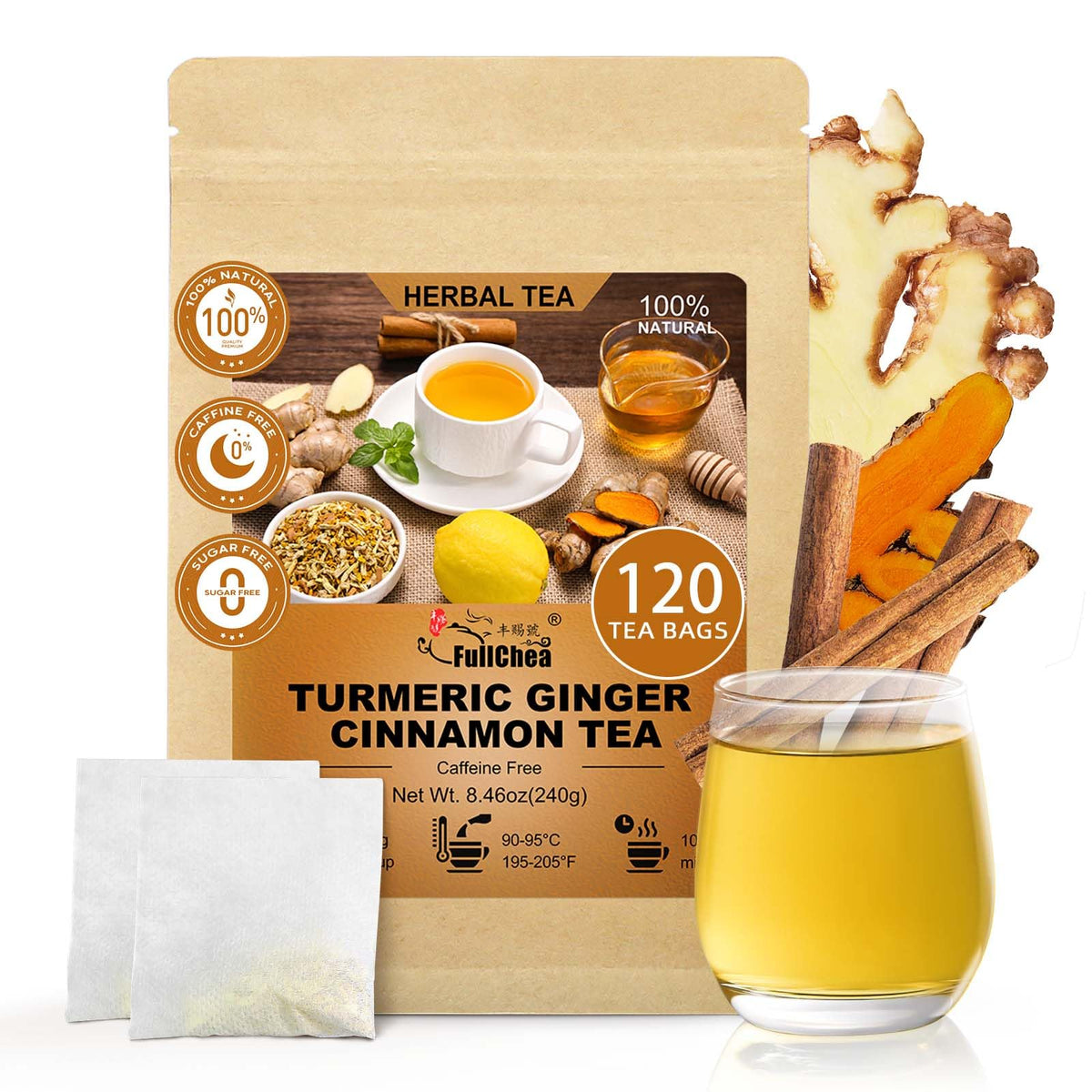 FullChea - Turmeric Ginger Cinnamon Tea Bags, 120 Count, Dried Herbal Blend