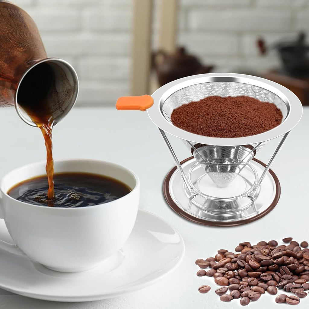 X-VESOLJE Pour Over Coffee Dripper, Paperless Pour Over Coffee Filter, Reusable Pour Over Coffee Maker Set, Dual-Layer Stainless Steel Cone Filter, Detachable Dripper Stand, Single Cup Brewer 1-4 Cup