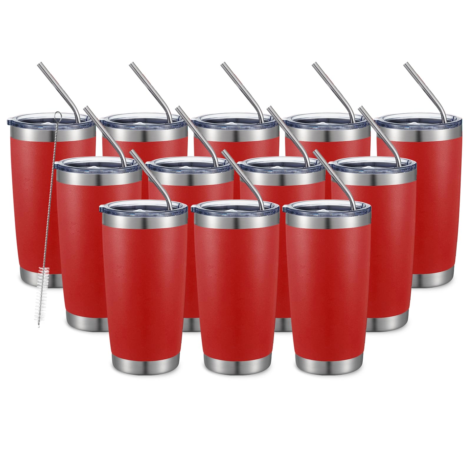 COMOOO 20oz Double Wall Vacuum Insulated Travel Mug, Stainless Steel Tumbler with Lid and Straw Durable Powder Coated Insulated Coffee Cup for Cold & Hot Drinks (red，12 pack