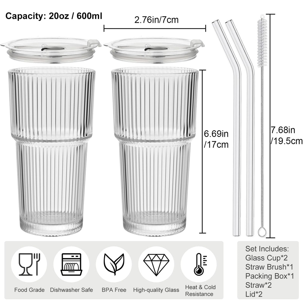 hosck 2 Pack Iced Coffee Cups with Lids, 20oz Clear Glass Tumbler with Straw and Lid, Dishwasher Safe & Leak Proof Drinking Glasses Set, Stylish Ribbed Glass Cups for Coffee Juice Tea Matcha Cocktail