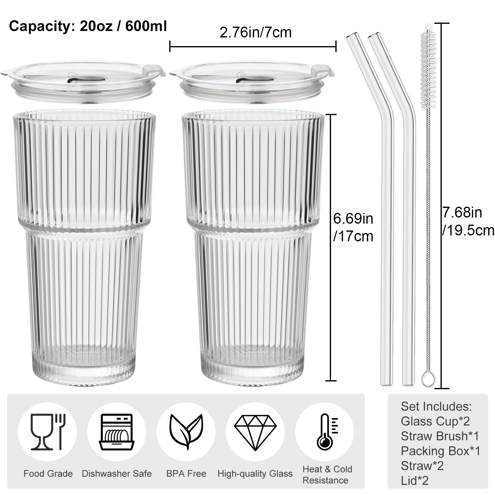 hosck 2 Pack Iced Coffee Cups with Lids, 20oz Clear Glass Tumbler with Straw and Lid, Dishwasher Safe & Leak Proof Drinking Glasses Set, Stylish Ribbed Glass Cups for Coffee Juice Tea Matcha Cocktail