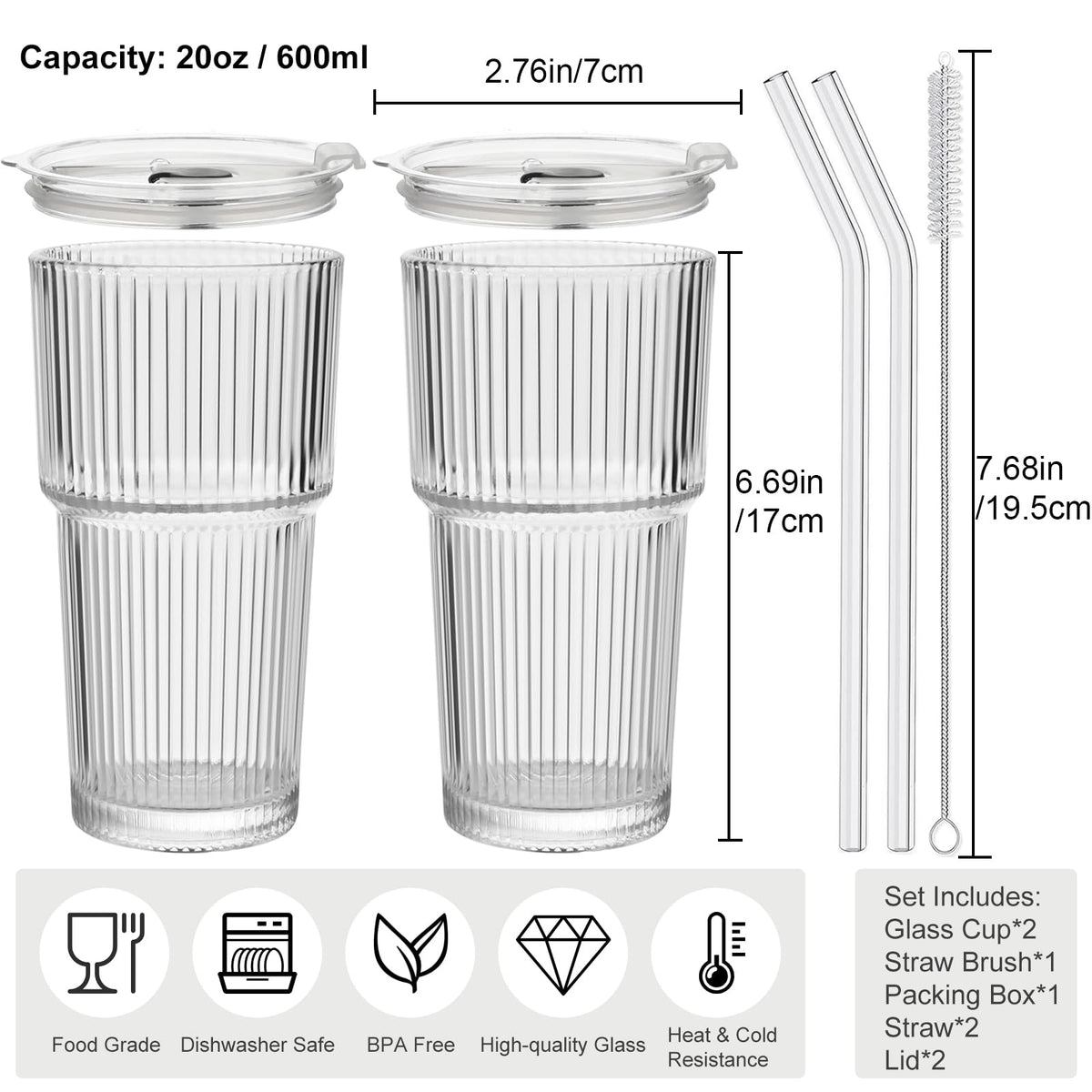 hosck 20oz Iced Coffee Cups with Lids and Straws, Thicken Glass Cups, 2 PCS