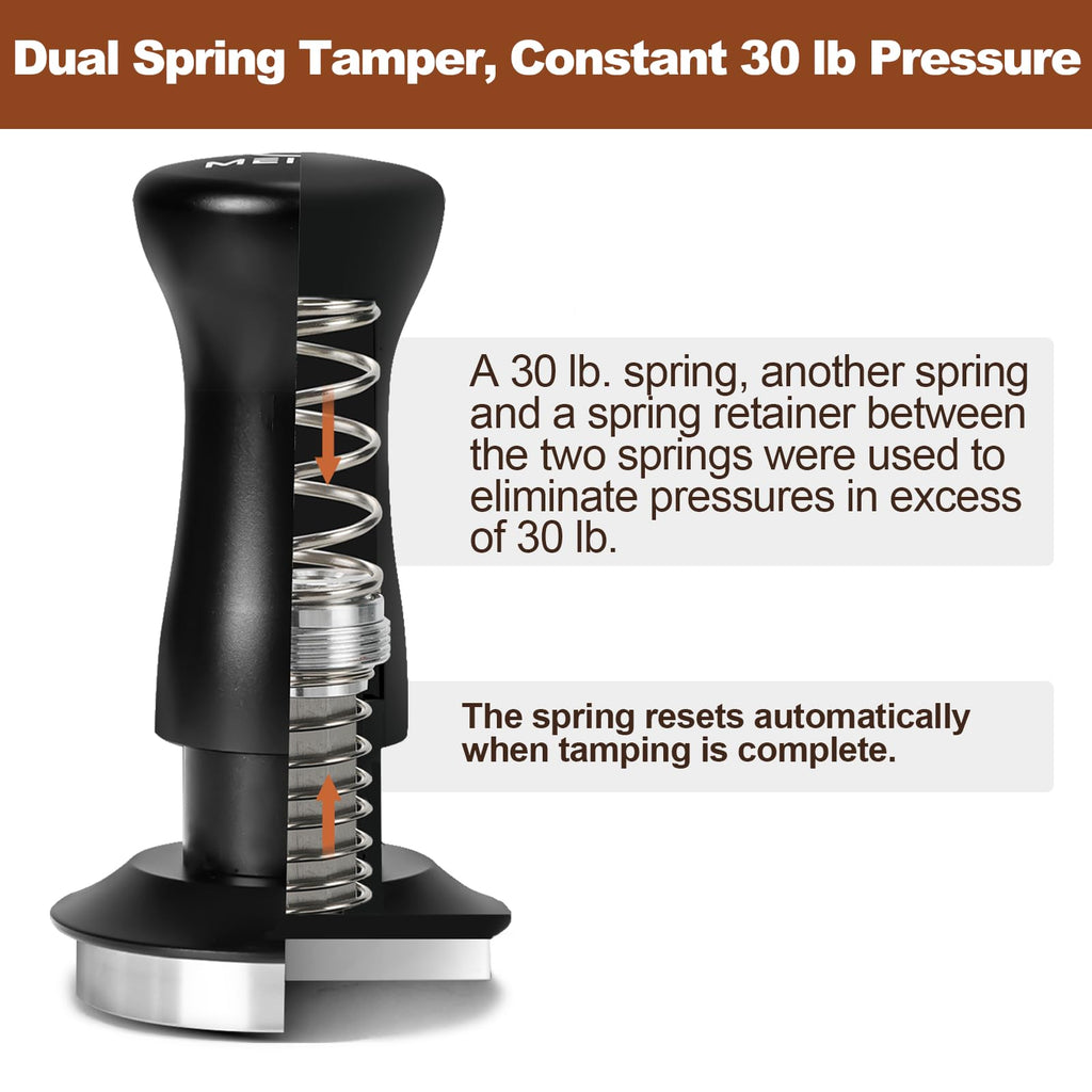MEION Espresso Tamper 58.5mm Coffee Tamper, Calibrated Dual Spring Loaded Barista Tamper with Stainless Steel Base, Comes with aluminum storage pad (58.5MM, Black)
