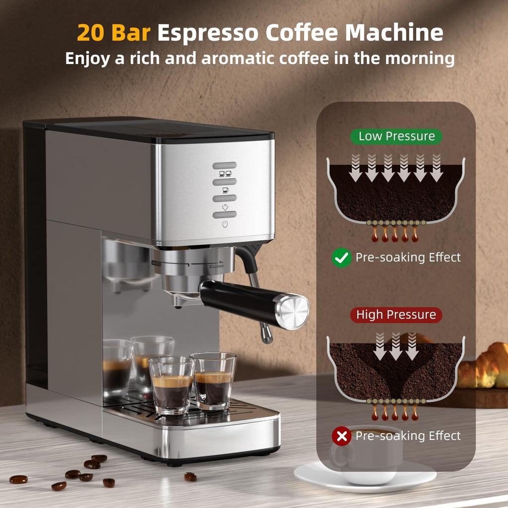 Electactic CM8032SH Essential Stainless Steel Espresso Machine with Steam Wand, Powerful 20-Bar Italian Pump, 37oz Removable Water Tank, Compact Espresso Maker for Home Baristas, Cappuccino & Latte