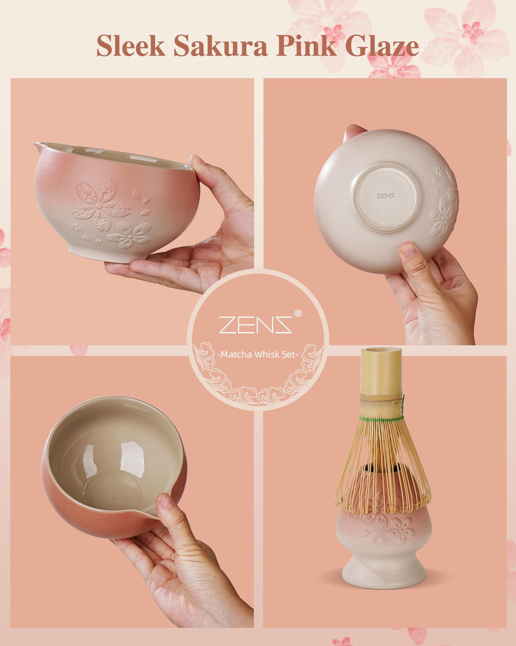 ZENS Premium Matcha Whisk Set, 6pcs Matcha Kit with Matcha Tools, Pink
