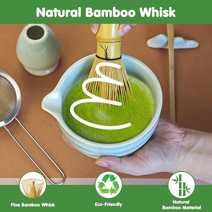 Matcha Whisk Set, 7 Pcs Ceramic Matcha Kit, Matcha Bowl with Spout, Matcha Whisk, Holder, Stainless Sifter, Bamboo Scoop and Tea Towel, Matcha Gift Set for Matcha Tea Lovers