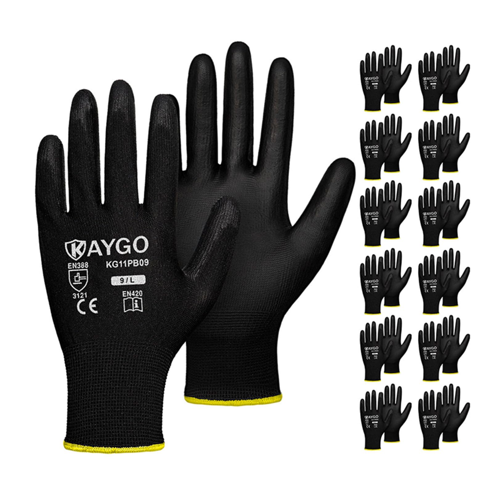 KAYGO Safety Work Gloves for Men Women, PU Coated Palm & Fingers, KG11P