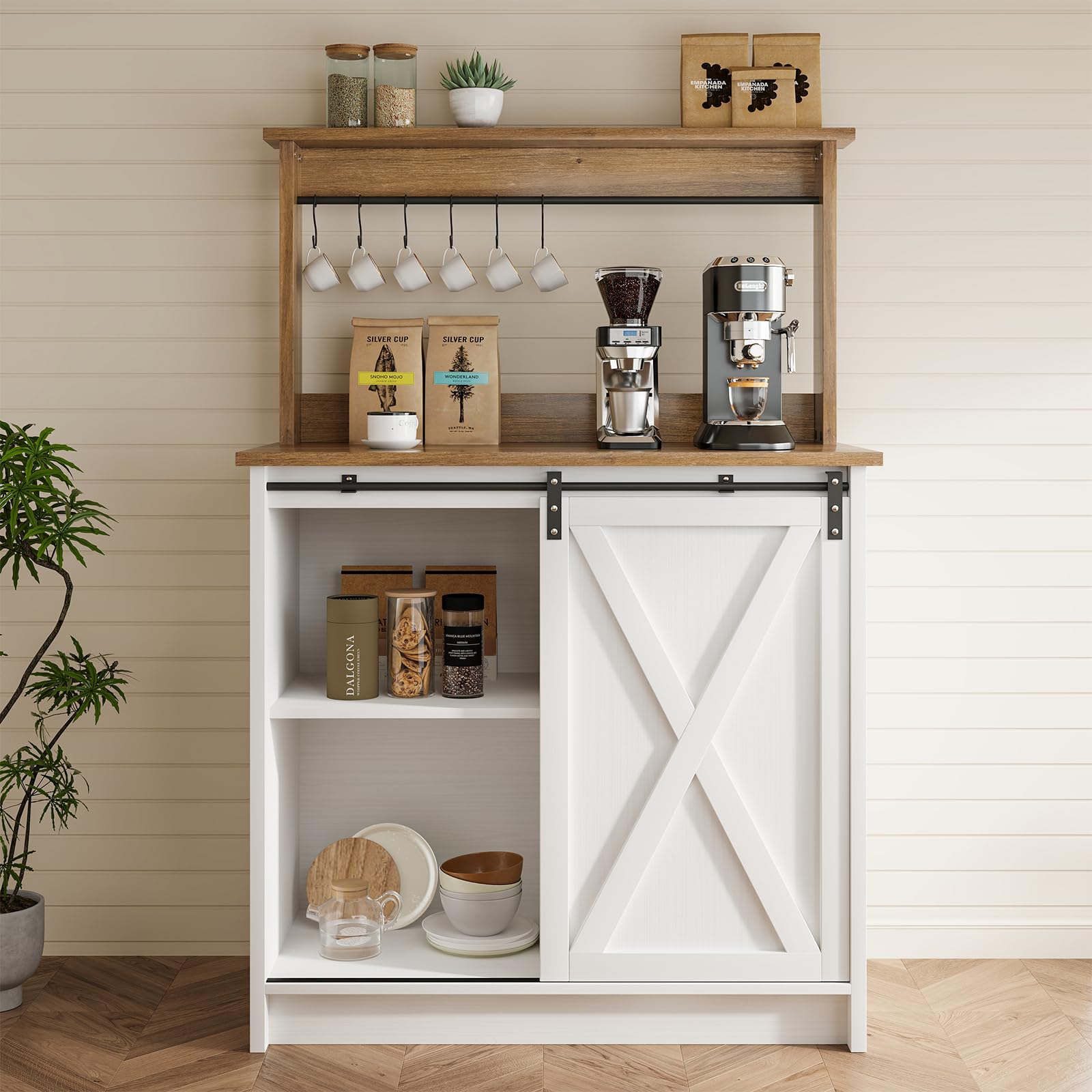4ever2buy Farmhouse Coffee Bar Cabinet with Sliding Barn Door, 31.5", White