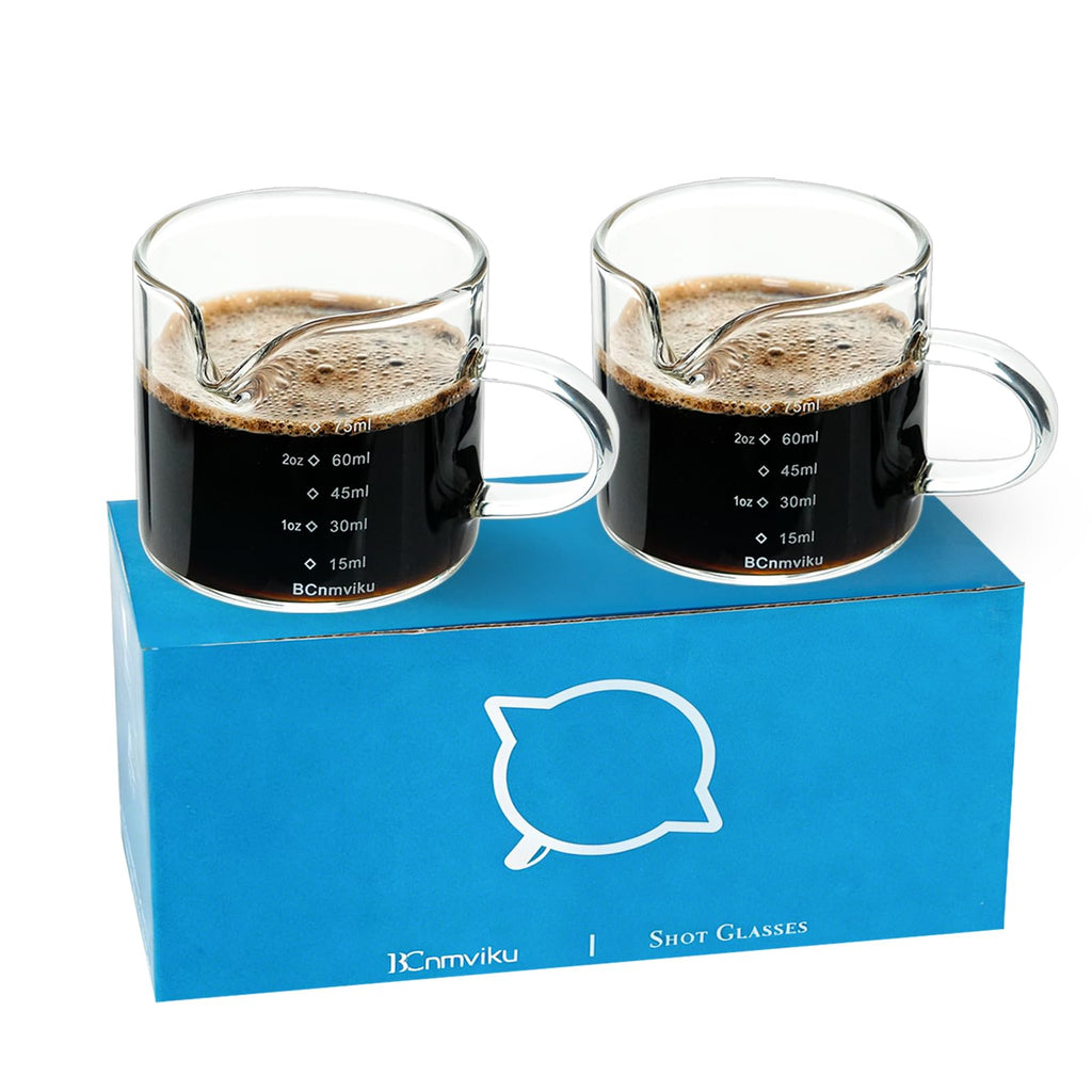 BCnmviku 2 PACK Espresso Glass Measuring Cup Triple Pitcher Milk Cup 75ML Espresso Cups with Handle Shot Glass with V-Shaped Mouth Clear Accessories Milk Frothing Pitcher (2)