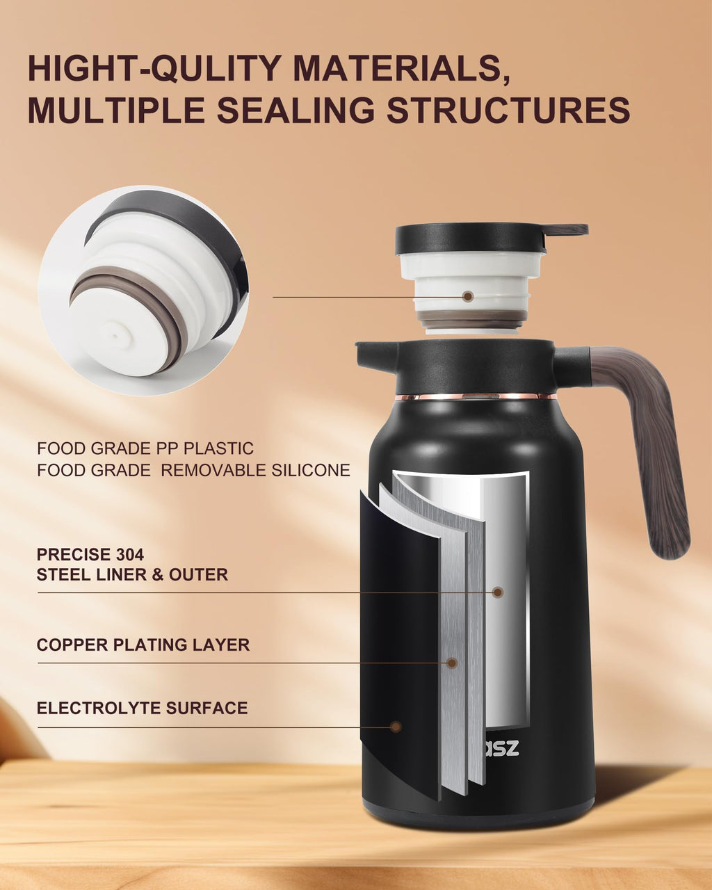 2 PCS Thermal Coffee Carafe 70 oz - 36 Hour Stainless Steel Carafes for Hot Liquids-Insulated Coffee Carafes For Keeping Hot/Cold Coffee, Tea, (Black+Silver)