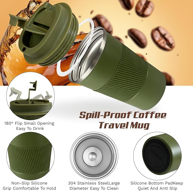 Vacuum-Insulated Stainless Steel Travel Coffee Mug, Leak-Proof Reusable Coffee Cup with Lid - Keep Hot & Cold Drinks for Hours, Durable Thermos Tumbler for Men & Women (3rd-Green, 17OZ)