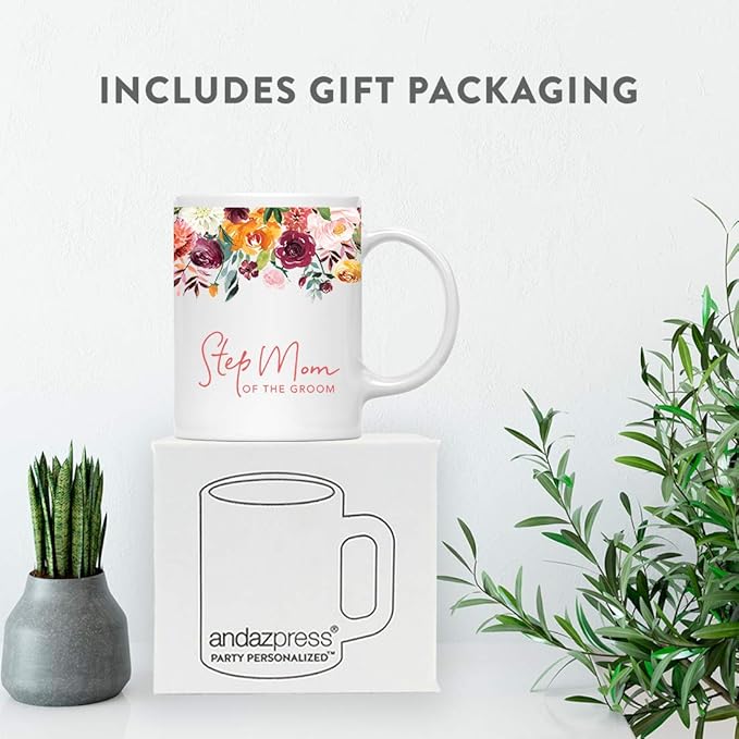 Andaz Press 11oz. Wedding Ceramic Coffee Tea Mug Gift, Fall Autumn Burgundy Orange Peach Flowers Roses Florals, Step Mom of the Groom, 1-Pack, Includes Gift Box