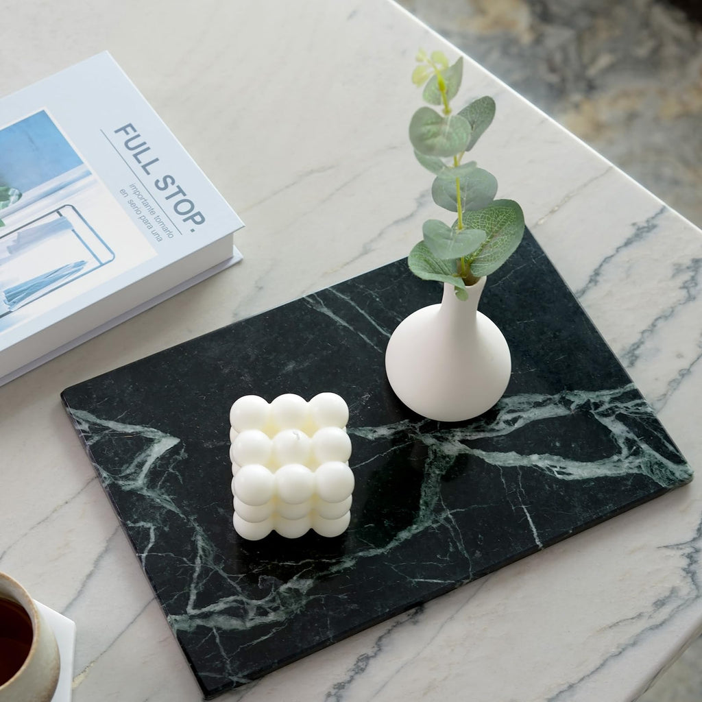 Koville Natural Green Marble Cutting Board for Kitchen Pastry Bread Macaron Display, 12" x 8" Real Stone Slab Marble Cheese Board for Home Countertop, Bathroom Perfume Tray Candle Plate