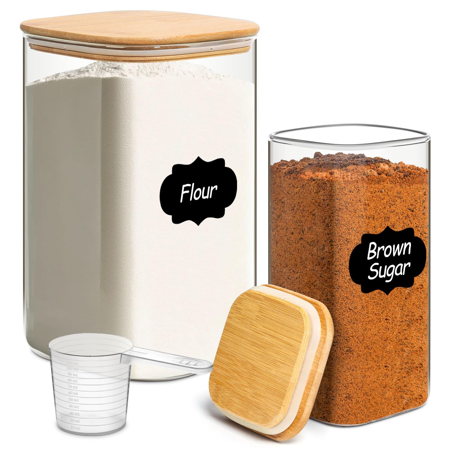 KTMAMA Glass Flour Containers with Bamboo Lids 1.6/4.6 Qt 2 Pack