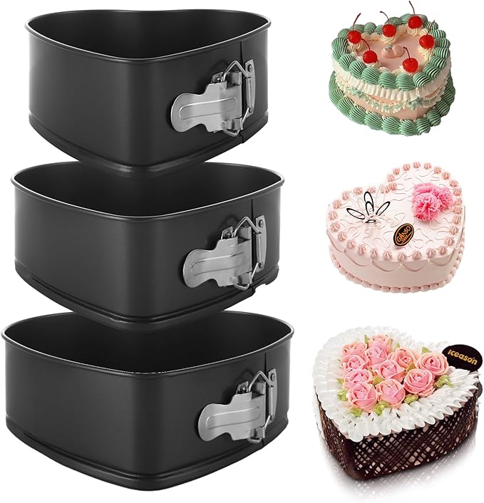 Springform Pan Set of 3 Heart Cake Pan, Heart Springform Pan with Removable Bottom, Springform Cake Pans Non-stick Bakeware for Cheesecakes, Pizza, and Quiches (7, 7.8, 8.6 inch)