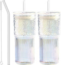 Glass Cups with Lids and Straws, 20 OZ Multi Iced Coffee Glasses Tumblers for Ice Water, Juice, Tea, Milk, Smoothie and Cold or Hot Drinks, Set of 2