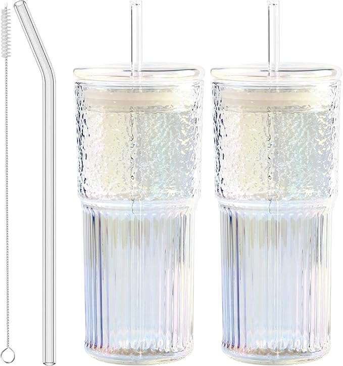 Glass Cups with Lids and Straws, 20 OZ Multi Iced Coffee Glasses Tumblers for Ice Water, Juice, Tea, Milk, Smoothie and Cold or Hot Drinks, Set of 2