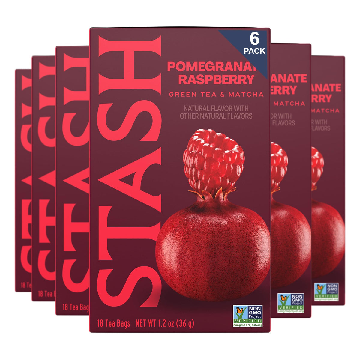 Stash Tea Pomegranate Raspberry & Matcha Green Tea - Caffeinated, Non-GMO Project Verified Premium Tea with No Artificial Ingredients, 18 Count (Pack of 6) - 108 Bags Total