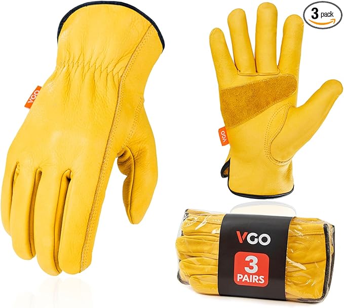 Vgo... 3-Pairs Unlined Cow Grain Leather Work and Driver Gloves with Cow Split Leather Palm Patch (Size M, Gold,CA9590)