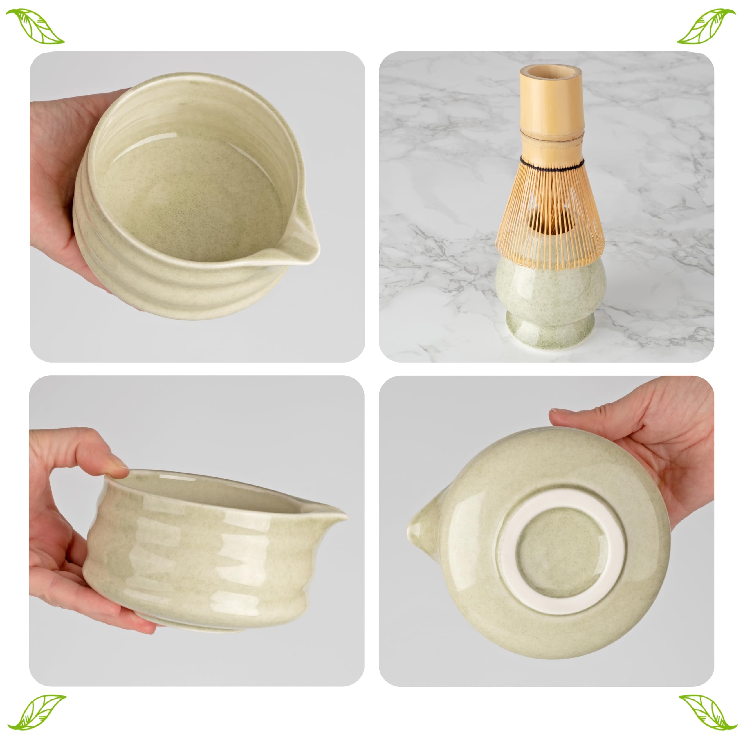 Marce Matcha Whisk Set- Matcha Set includes Matcha Whisk and Bowl (Bowl with Spout), Sifter, Holder and Scoop- The Perfect Bamboo Whisk for Matcha Tea (Black- 7PC)