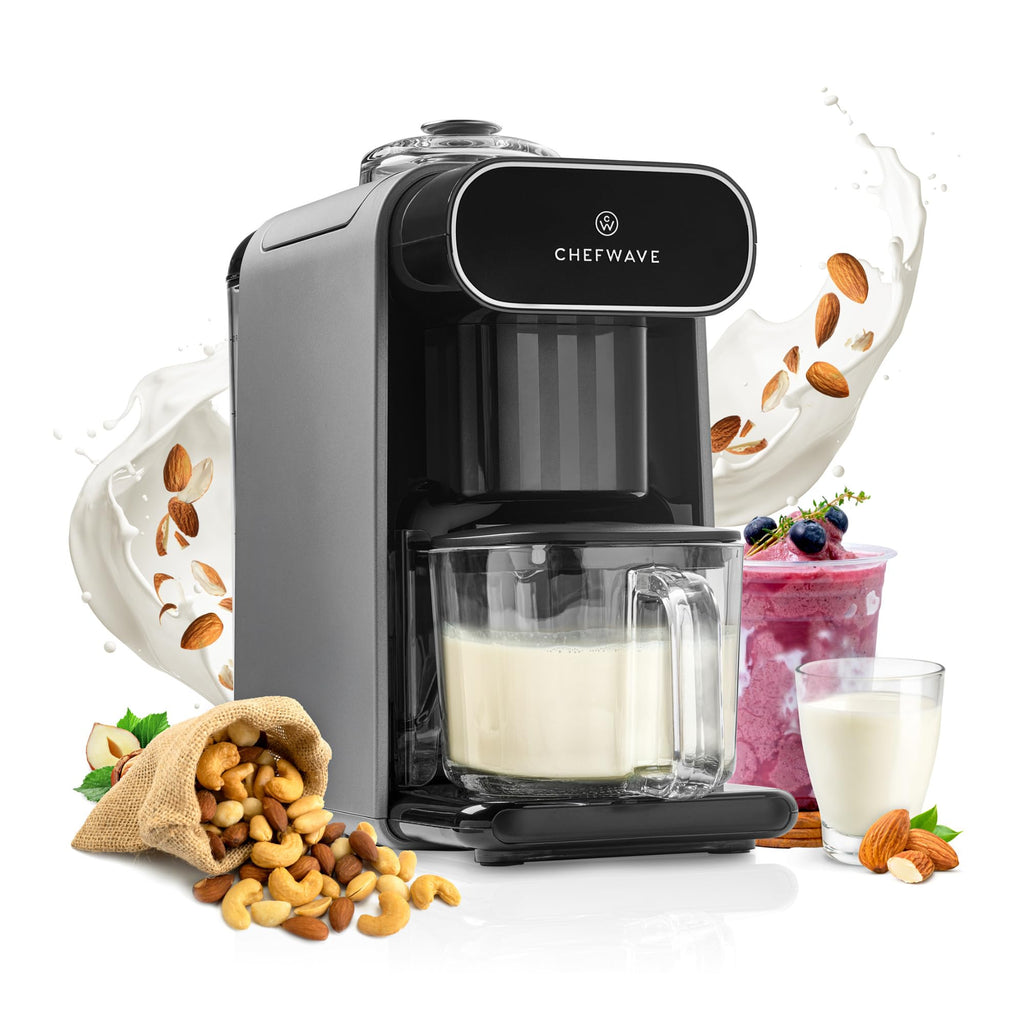 ChefWave Milkmade Soy Milk Maker 6-in-1 Vegan Plant-Based Milk Machine with Auto Clean, and Delay Start, Almond, Oat, Soy, Cashew, Coconut, Macadamia Milk Maker with Nut Platter (Silver/Black)