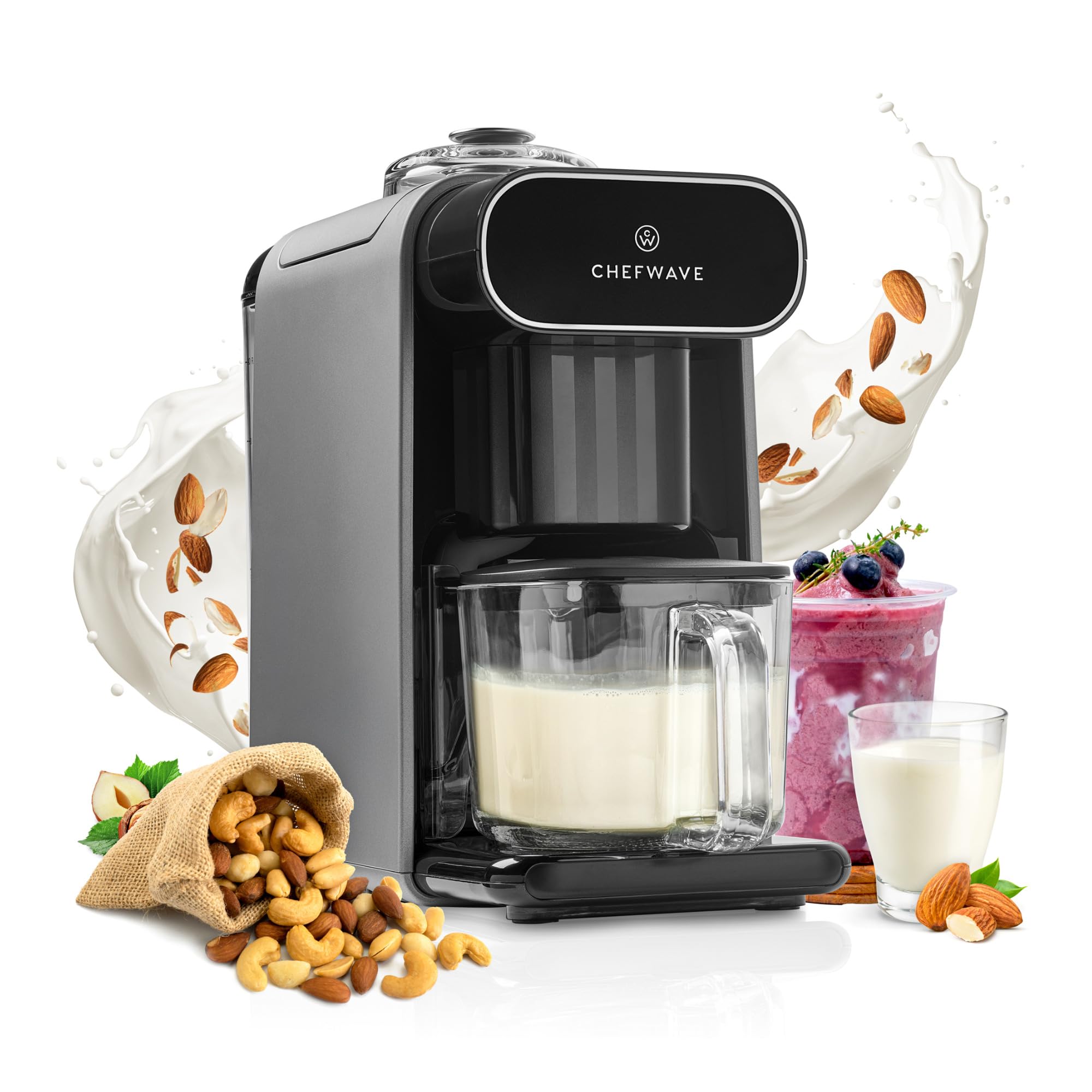 ChefWave Milkmade Soy Milk Maker 6-in-1 Vegan Plant-Based Milk Machine with Auto Clean, and Delay Start, Almond, Oat, Soy, Cashew, Coconut, Macadamia Milk Maker with Nut Platter (Silver/Black)