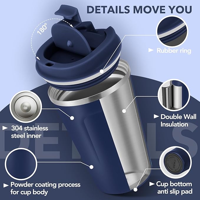 Volhoply 12 oz Double Wall Insulated Vacuum Travel Coffee Mugs with Flip Lid Bulk 2 Pack,Reusable Stainless Steel Leak Proof Coffee Cup,Portable Cafe Thermal Tumbler for Hot & Cold Drinks(Navy,2 Set)
